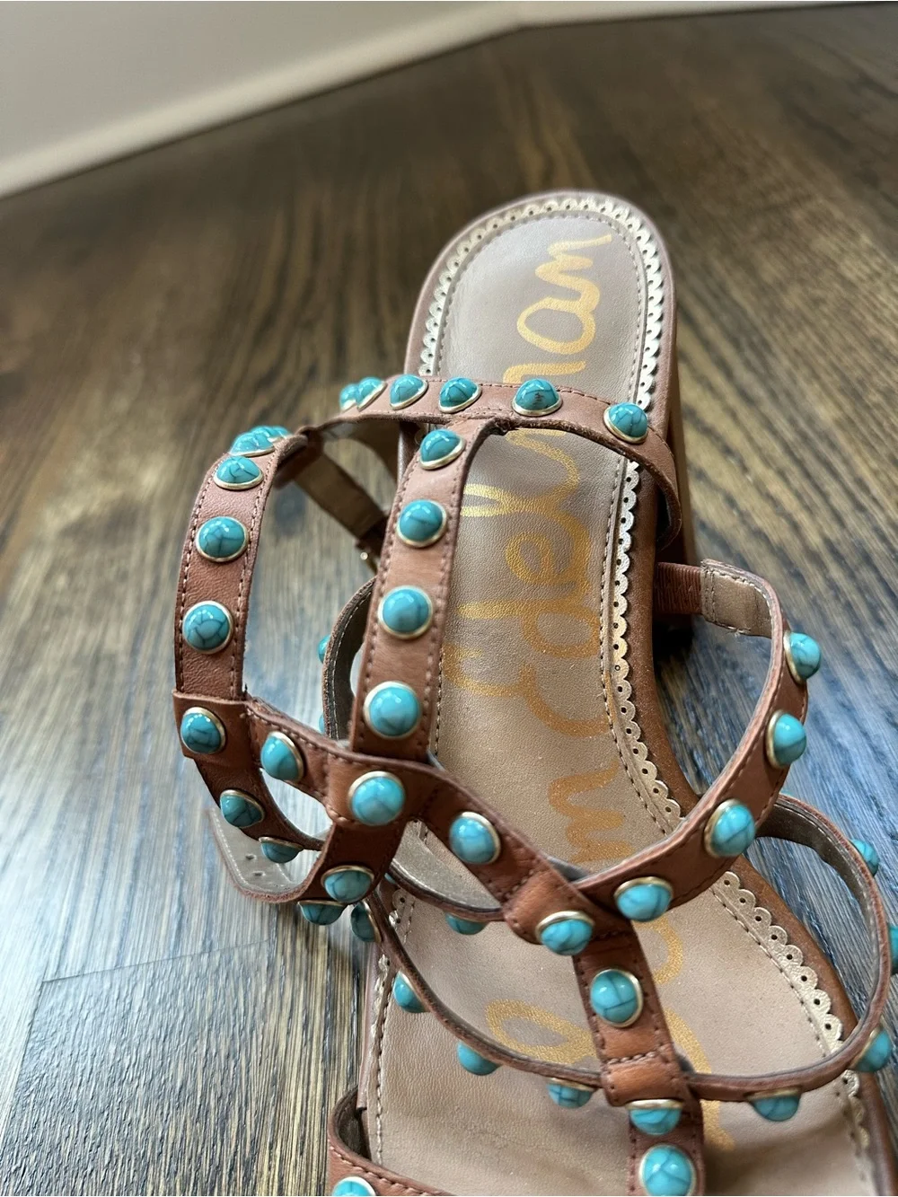 Sam Edelman Tan Leather Studded Turquoise Strap Sandals, size 9